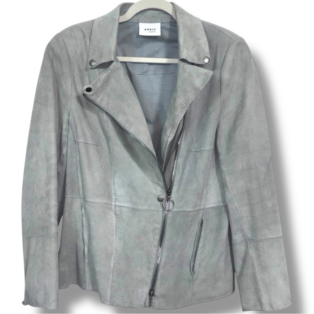 Akris Punto Gray Suede Lambskin Moto Jacket Asymmetric Zip Leather US 12